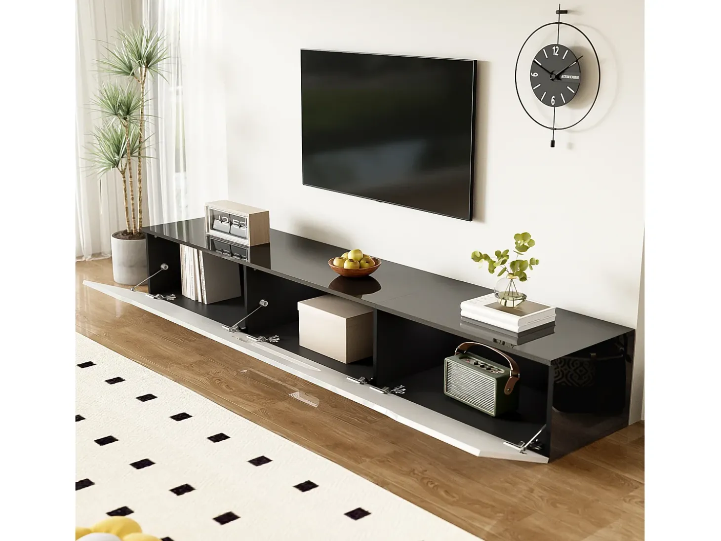 Móvel para TV 180x35x30 cm - acabamento brilhante - iluminação LED 16 cores - montagem em parede - branco+preto