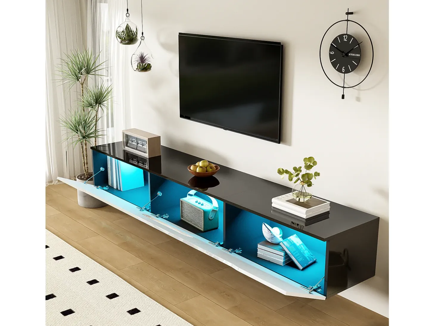 Móvel para TV 180x35x30 cm - acabamento brilhante - iluminação LED 16 cores - montagem em parede - branco+preto