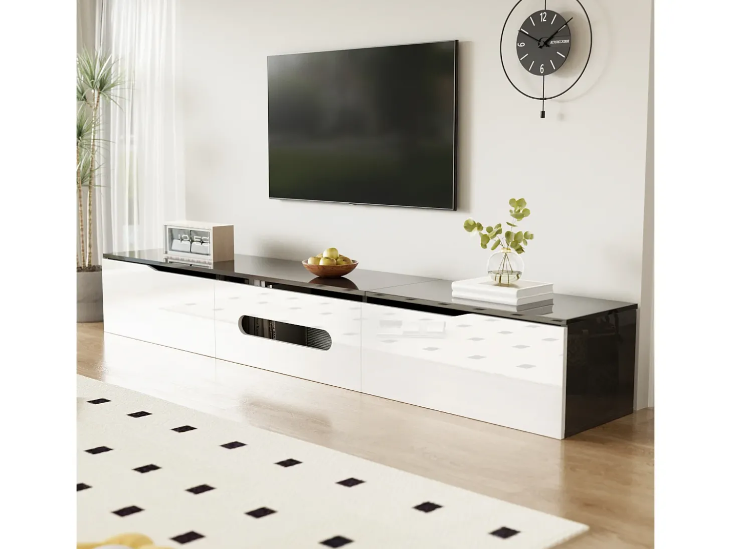 Móvel para TV 180x35x30 cm - acabamento brilhante - iluminação LED 16 cores - montagem em parede - branco+preto