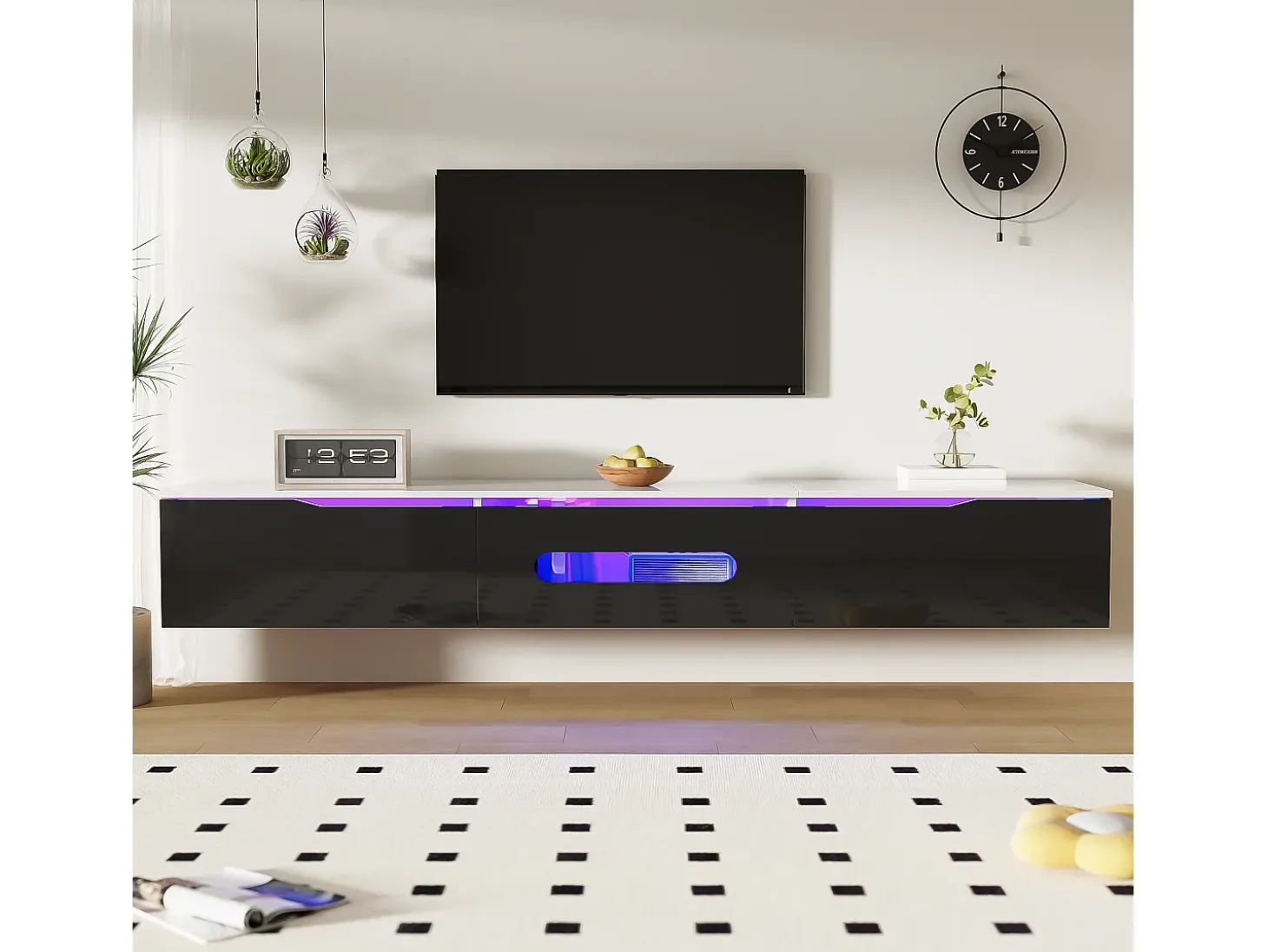 Móvel para TV 180x35x30 cm - acabamento brilhante - com iluminação LED 16 cores - montagem em parede - preto + branco