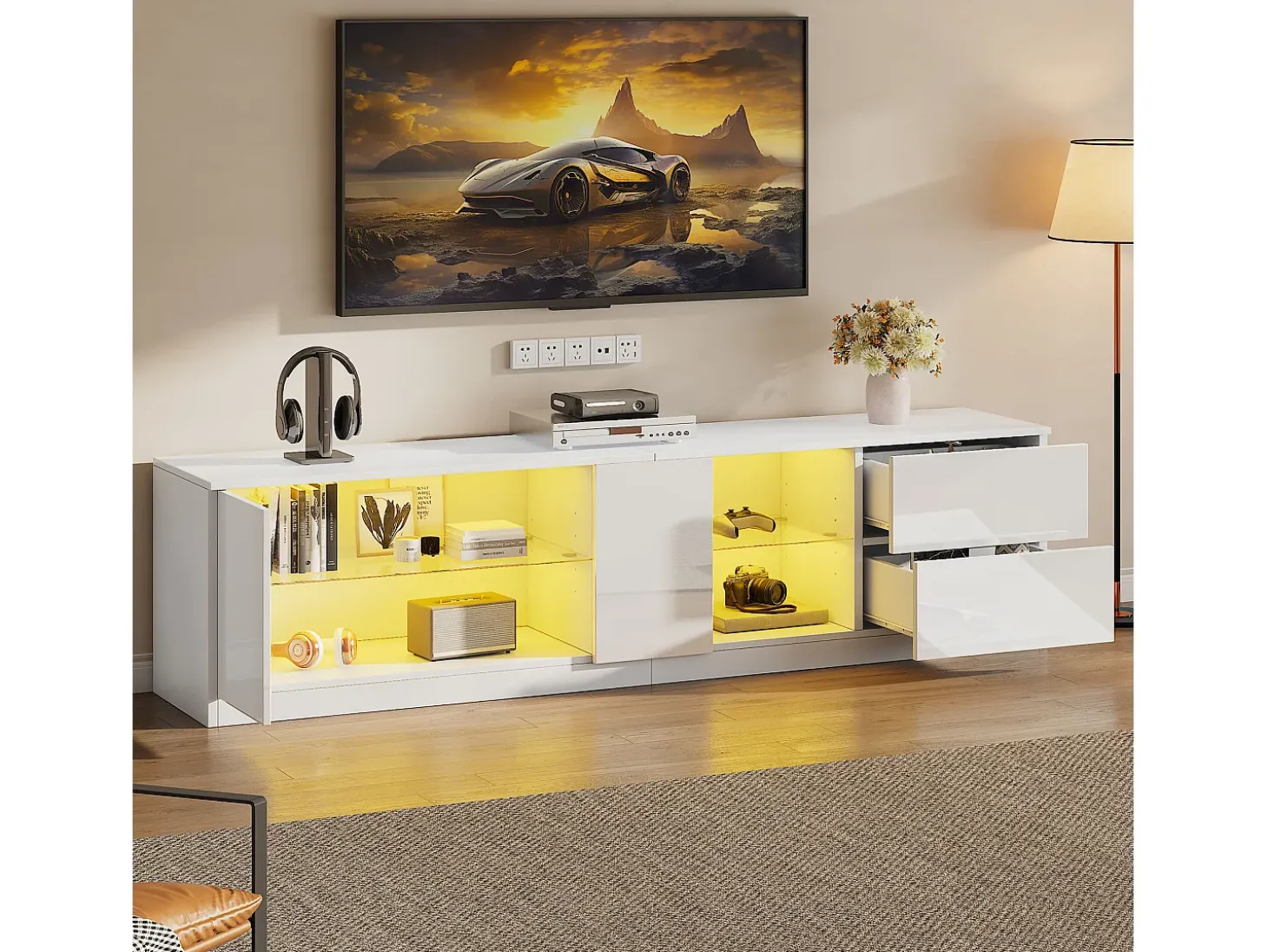 Móvel para TV 160x40x52 cm - alto brilho - com LED - adequado para televisores de 65" - com 2 gavetas e 1 porta - Branco