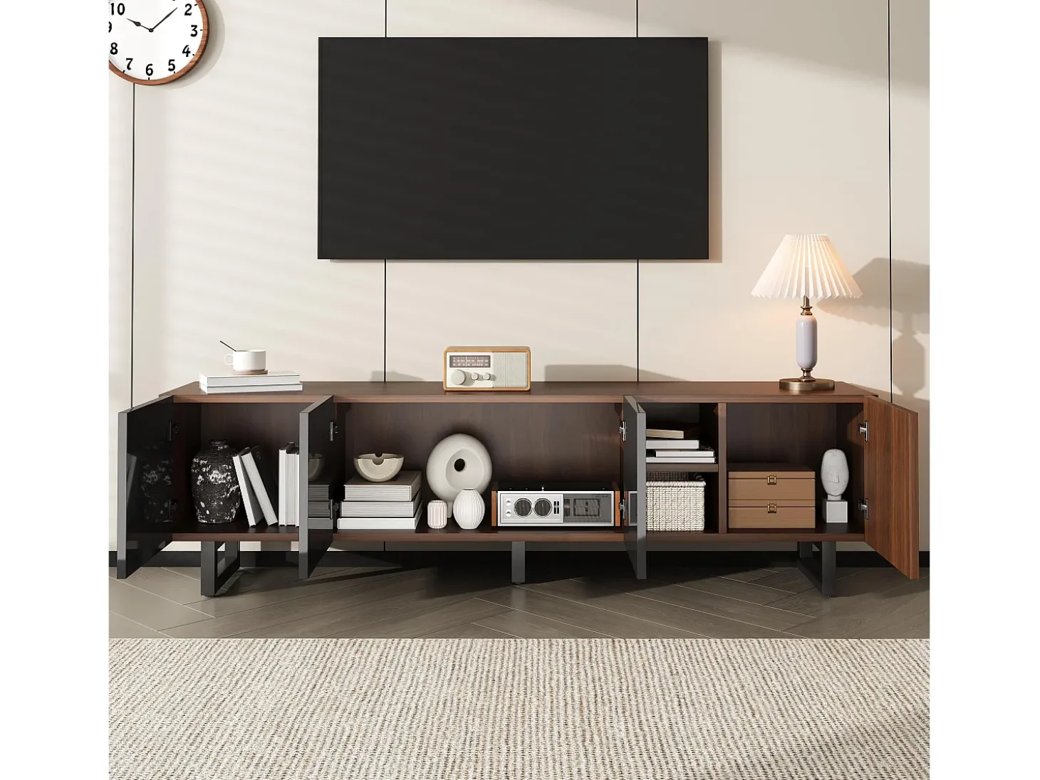 Móvel para TV 180x38x50 cm - com 4 portas - aspecto madeira - Portas de alto brilho - MDF + painéis de partículas - Natural + preto