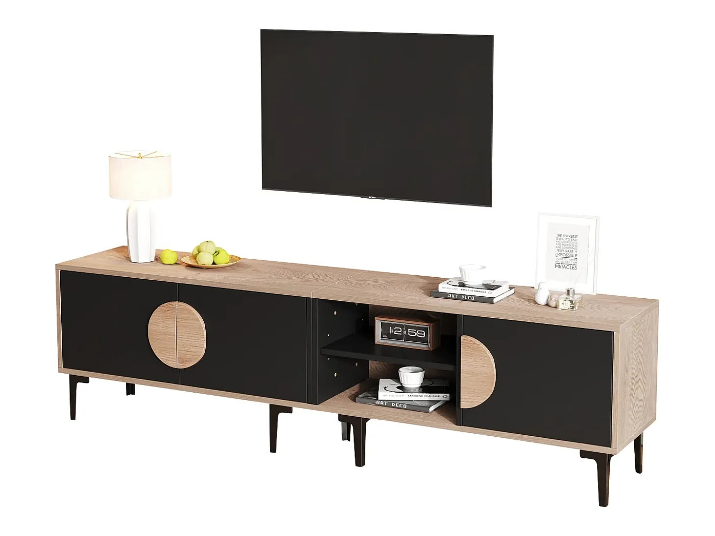 Móvel para TV 180x35x49 cm - com 3 portas - Prateleiras abertas - Painéis de partículas - Natural e preto
