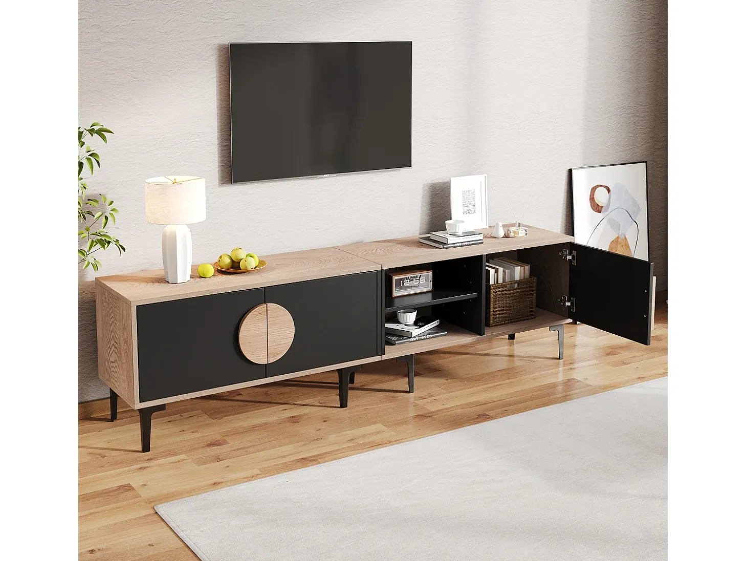 Móvel para TV 180x35x49 cm - com 3 portas - Prateleiras abertas - Painéis de partículas - Natural e preto