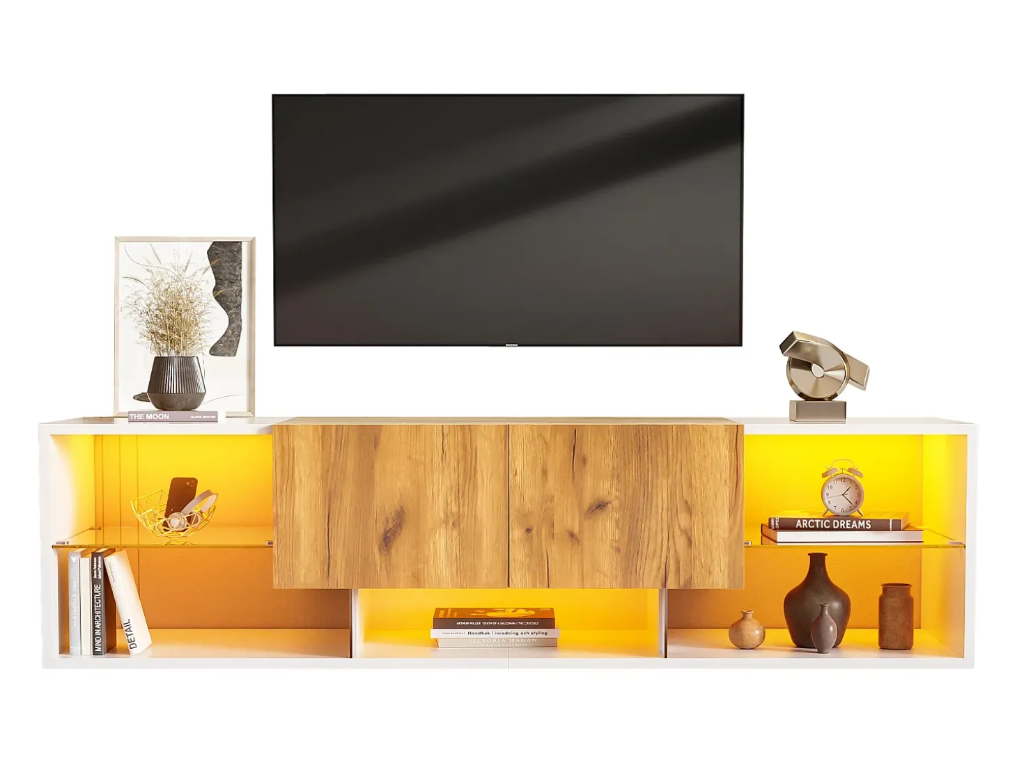 Móvel para TV 160x40x42 cm - com 2 gavetas - compatível com televisores até 70 polegadas - branco/natural