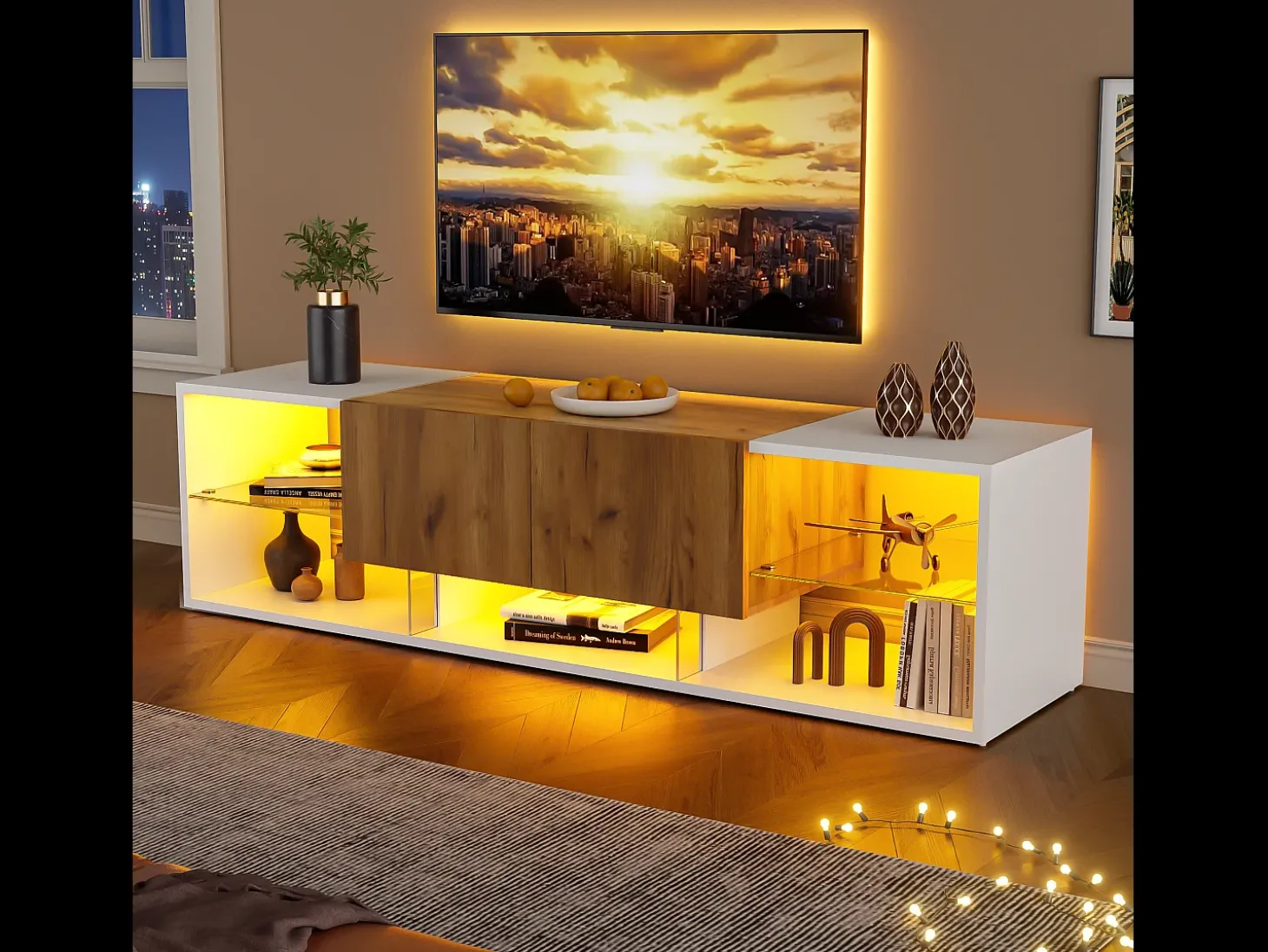 Móvel para TV 160x40x42 cm - com 2 gavetas - compatível com televisores até 70 polegadas - branco/natural