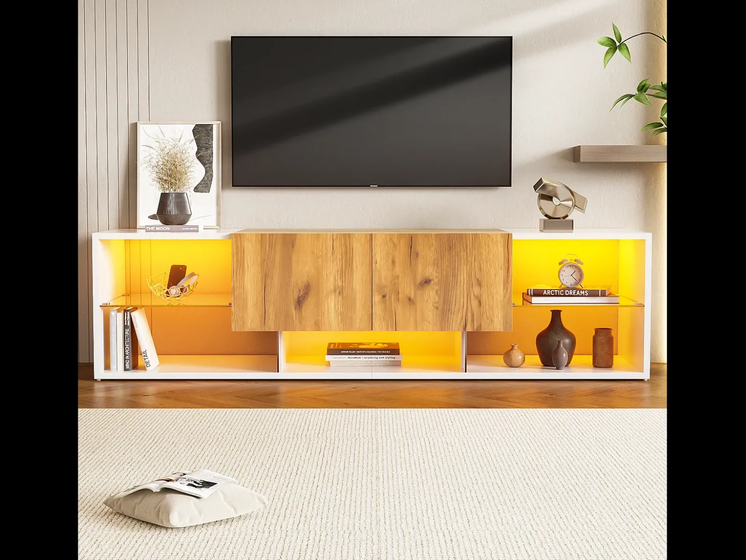 Móvel para TV 160x40x42 cm - com 2 gavetas - compatível com televisores até 70 polegadas - branco/natural