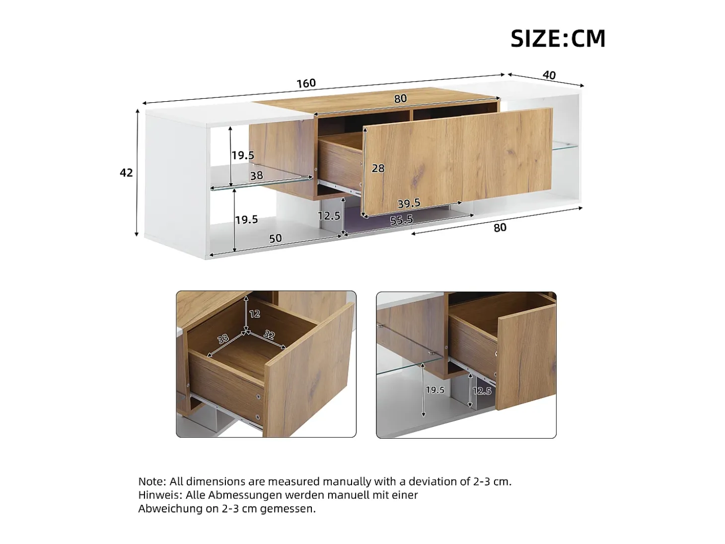 Móvel para TV 160x40x42 cm - com 2 gavetas - compatível com televisores até 70 polegadas - branco/natural