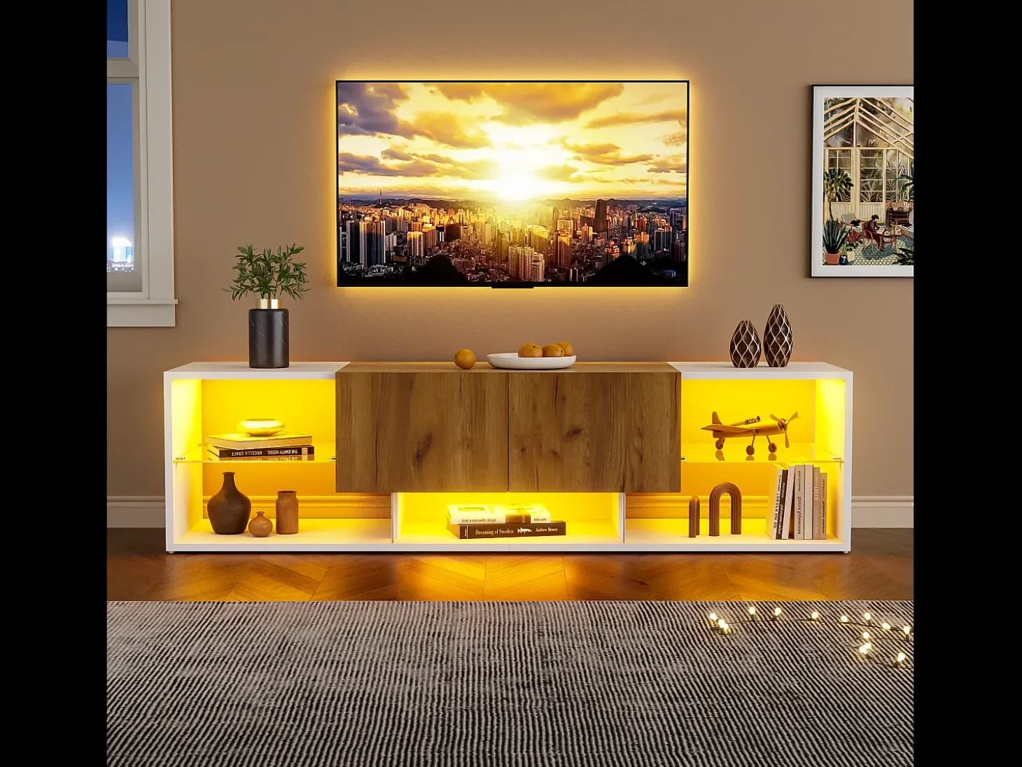 Móvel para TV 160x40x42 cm - com 2 gavetas - compatível com televisores até 70 polegadas - branco/natural