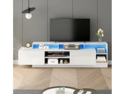Móvel para TV 190x40x48,5 cm - com iluminação LED - 2 portas basculantes - Espaço de armazenamento aberto - Acabamento brilhante - Branco