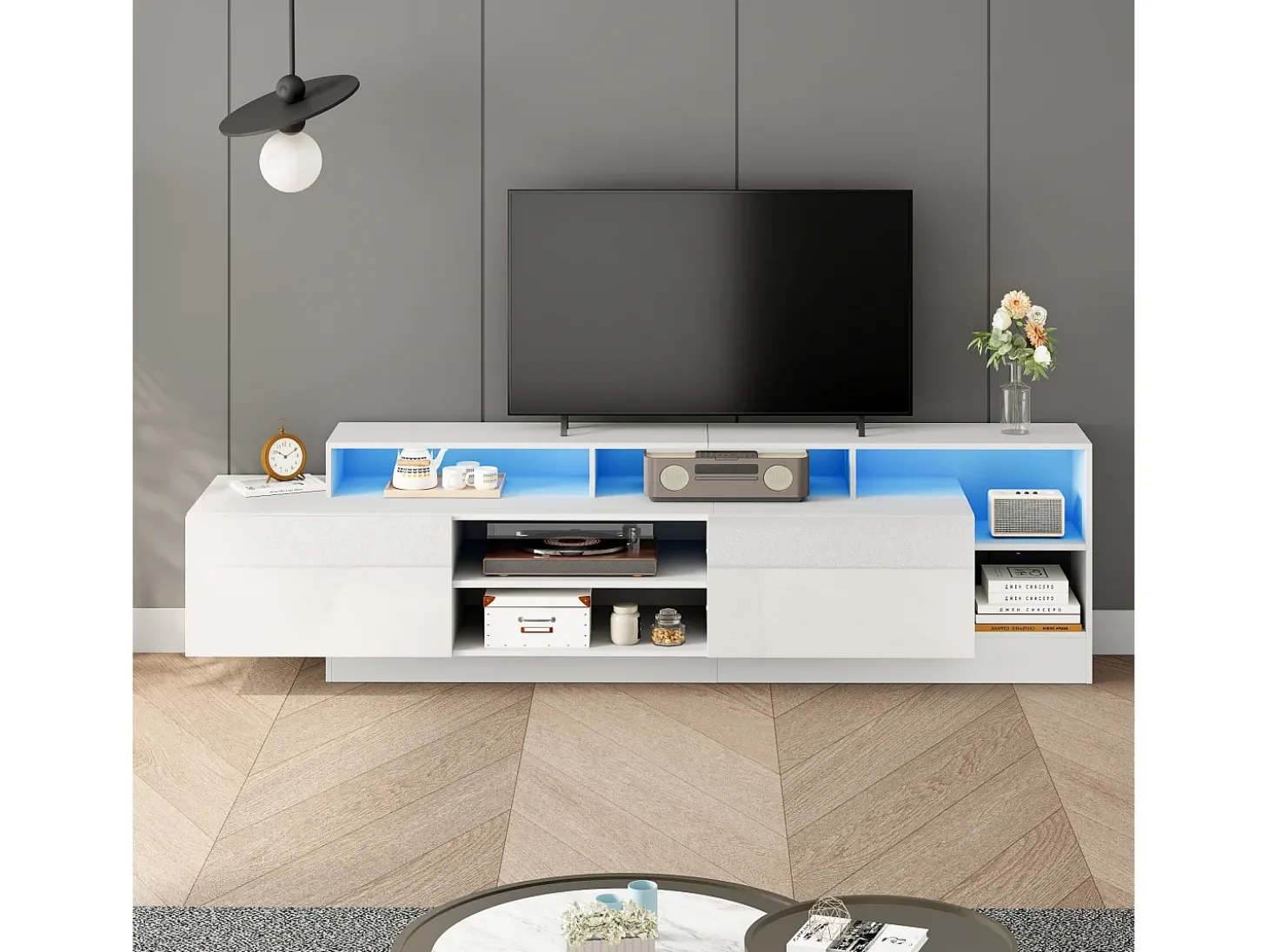 Móvel para TV 190x40x48,5 cm - com iluminação LED - 2 portas basculantes - Espaço de armazenamento aberto - Acabamento brilhante - Branco