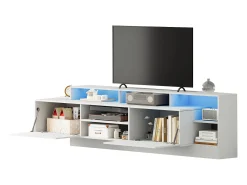 Móvel para TV 190x40x48,5 cm - com iluminação LED - 2 portas basculantes - Espaço de armazenamento aberto - Acabamento brilhante - Branco
