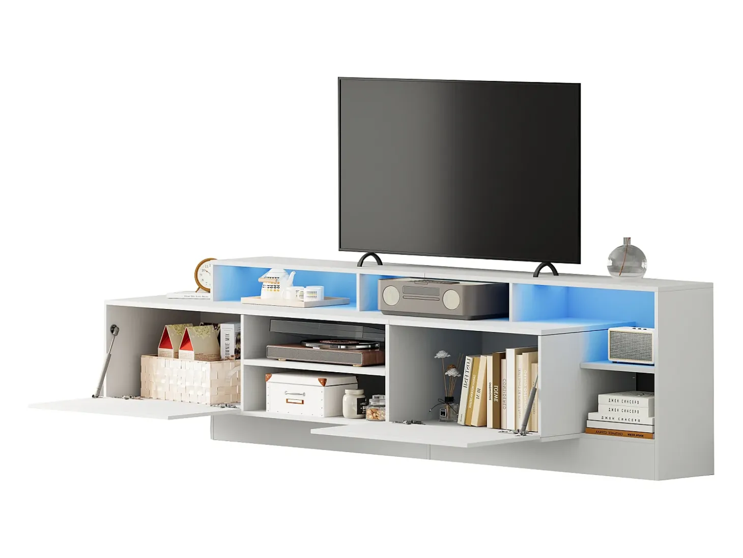 Móvel para TV 190x40x48,5 cm - com iluminação LED - 2 portas basculantes - Espaço de armazenamento aberto - Acabamento brilhante - Branco