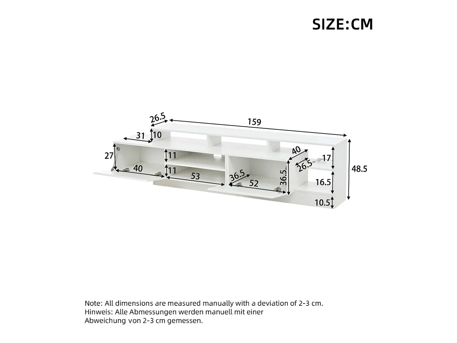 Móvel para TV 190x40x48,5 cm - com iluminação LED - 2 portas basculantes - Espaço de armazenamento aberto - Acabamento brilhante - Branco