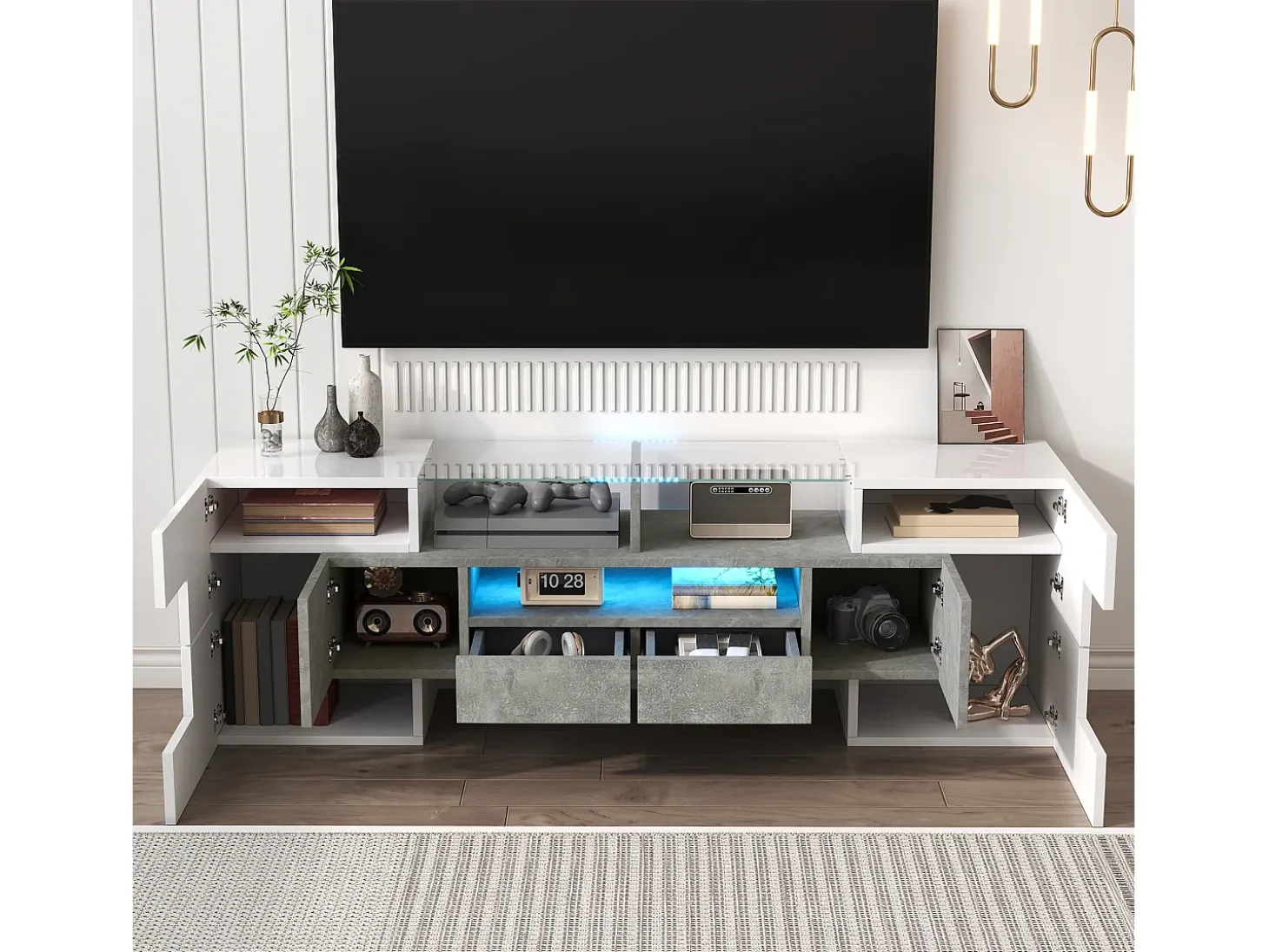 Móvel para TV 145x30x51 cm - com iluminação LED - com 4 portas - 2 gavetas - prateleiras - branco