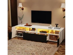 Móvel para TV 180x38,5x45 cm - com iluminação LED - 2 gavetas e 2 portas - Prateleiras abertas - Acabamento brilhante - Branco + preto