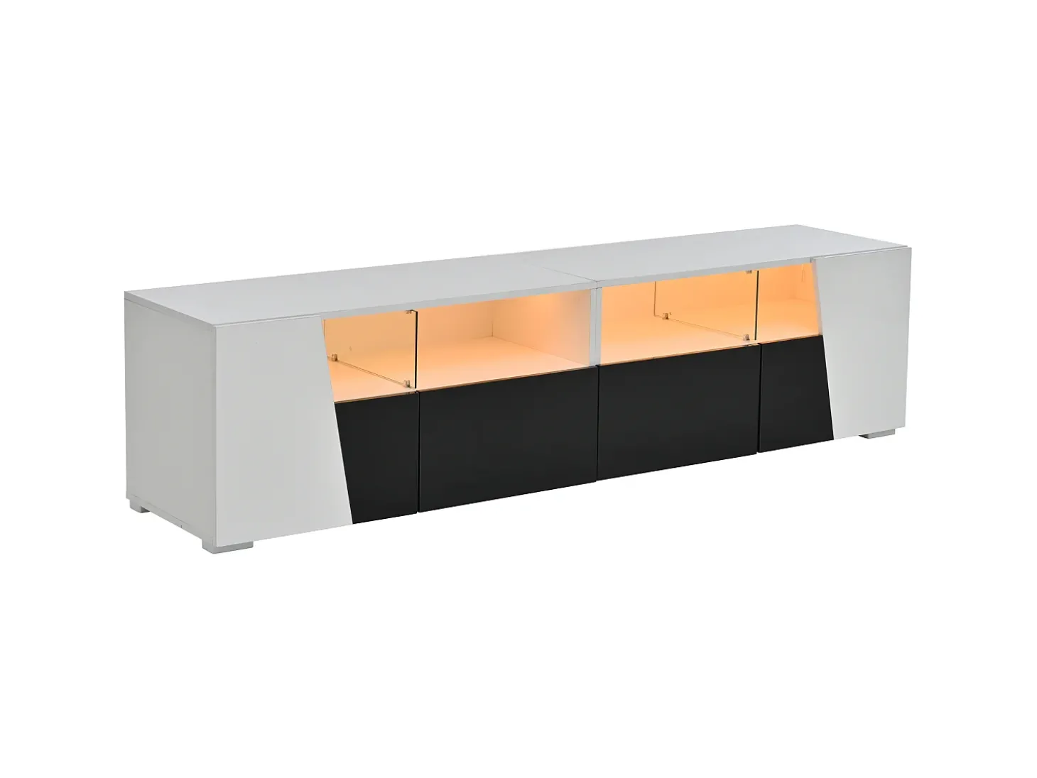 Móvel para TV 180x38,5x45 cm - com iluminação LED - 2 gavetas e 2 portas - Prateleiras abertas - Acabamento brilhante - Branco + preto