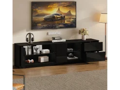 Móvel para TV 160x40x52 cm - com iluminação LED - 2 gavetas e 1 porta - Acabamento brilhante - MDF - Preto