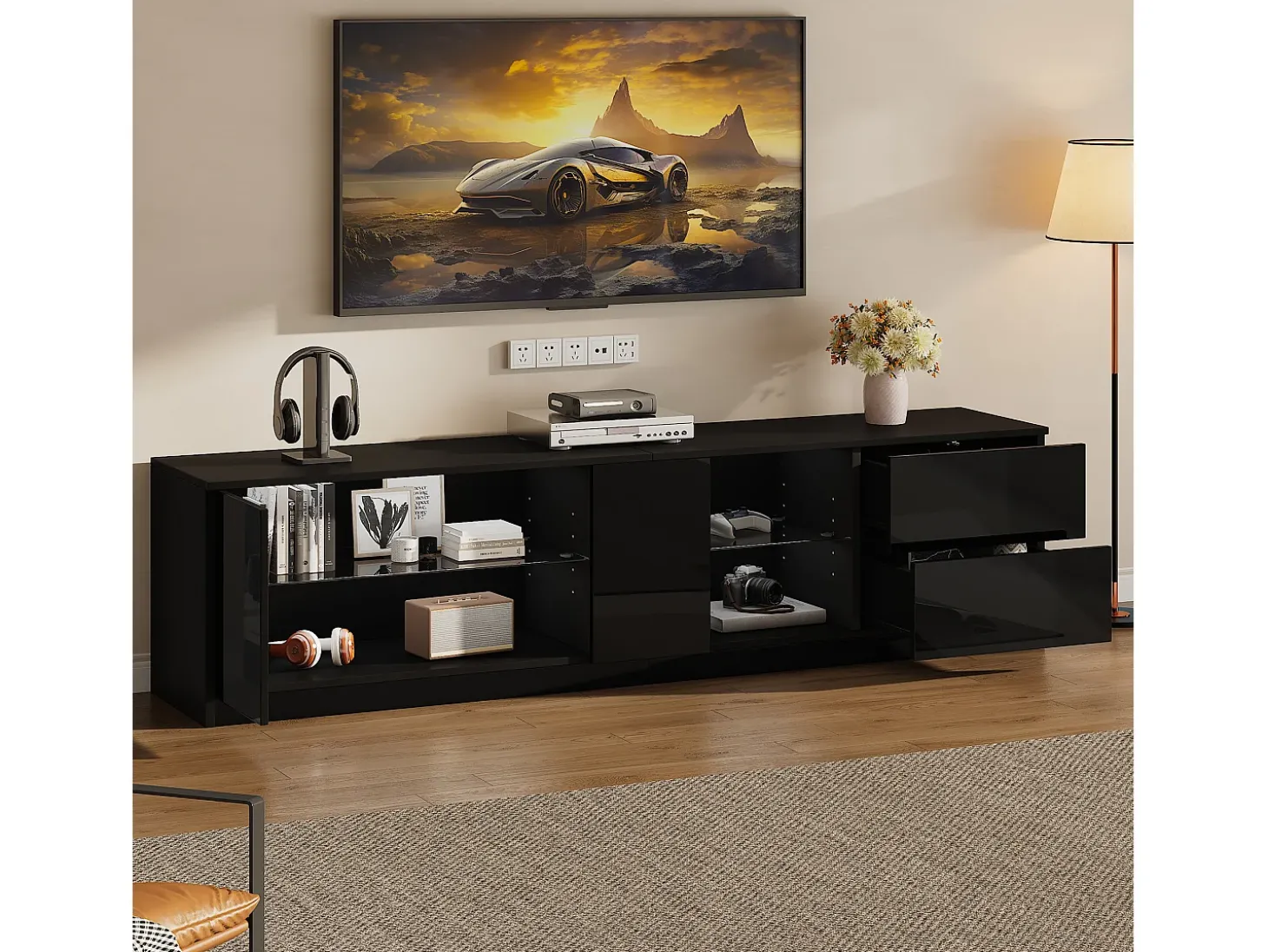 Móvel para TV 160x40x52 cm - com iluminação LED - 2 gavetas e 1 porta - Acabamento brilhante - MDF - Preto