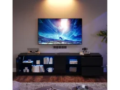 Móvel para TV 160x40x52 cm - com iluminação LED - 2 gavetas e 1 porta - Acabamento brilhante - MDF - Preto