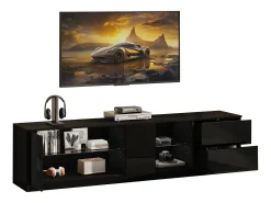 Móvel para TV 160x40x52 cm - com iluminação LED - 2 gavetas e 1 porta - Acabamento brilhante - MDF - Preto