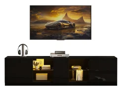 Móvel para TV 160x40x52 cm - com iluminação LED - 2 gavetas e 1 porta - Acabamento brilhante - MDF - Preto