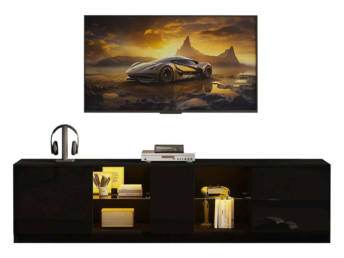 Móvel para TV 160x40x52 cm - com iluminação LED - 2 gavetas e 1 porta - Acabamento brilhante - MDF - Preto