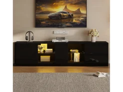 Móvel para TV 160x40x52 cm - com iluminação LED - 2 gavetas e 1 porta - Acabamento brilhante - MDF - Preto