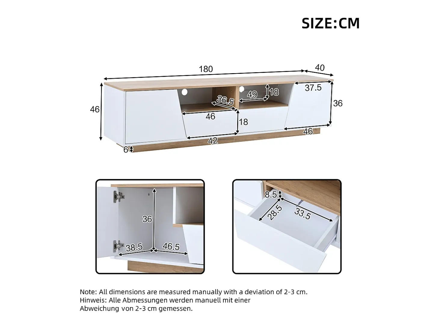 Móvel para TV 180x40x46cm - com 2 gavetas e 2 portas - com iluminação LED - acabamento brilhante - Branco + natural