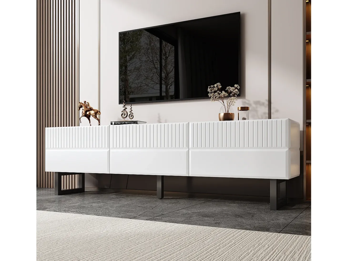 Móvel para TV 170x35x47cm - com 3 gavetas - Tampo laqueado brilhante - Pés de ferro - MDF - Branco e preto