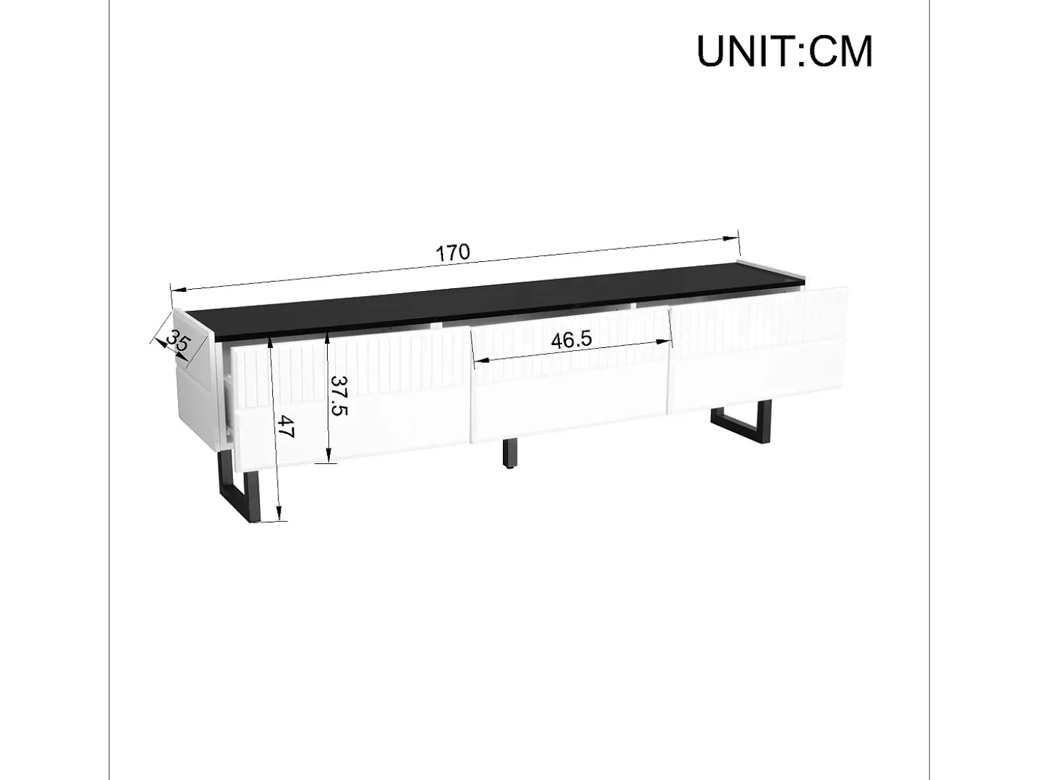 Móvel para TV 170x35x47cm - com 3 gavetas - Tampo laqueado brilhante - Pés de ferro - MDF - Branco e preto