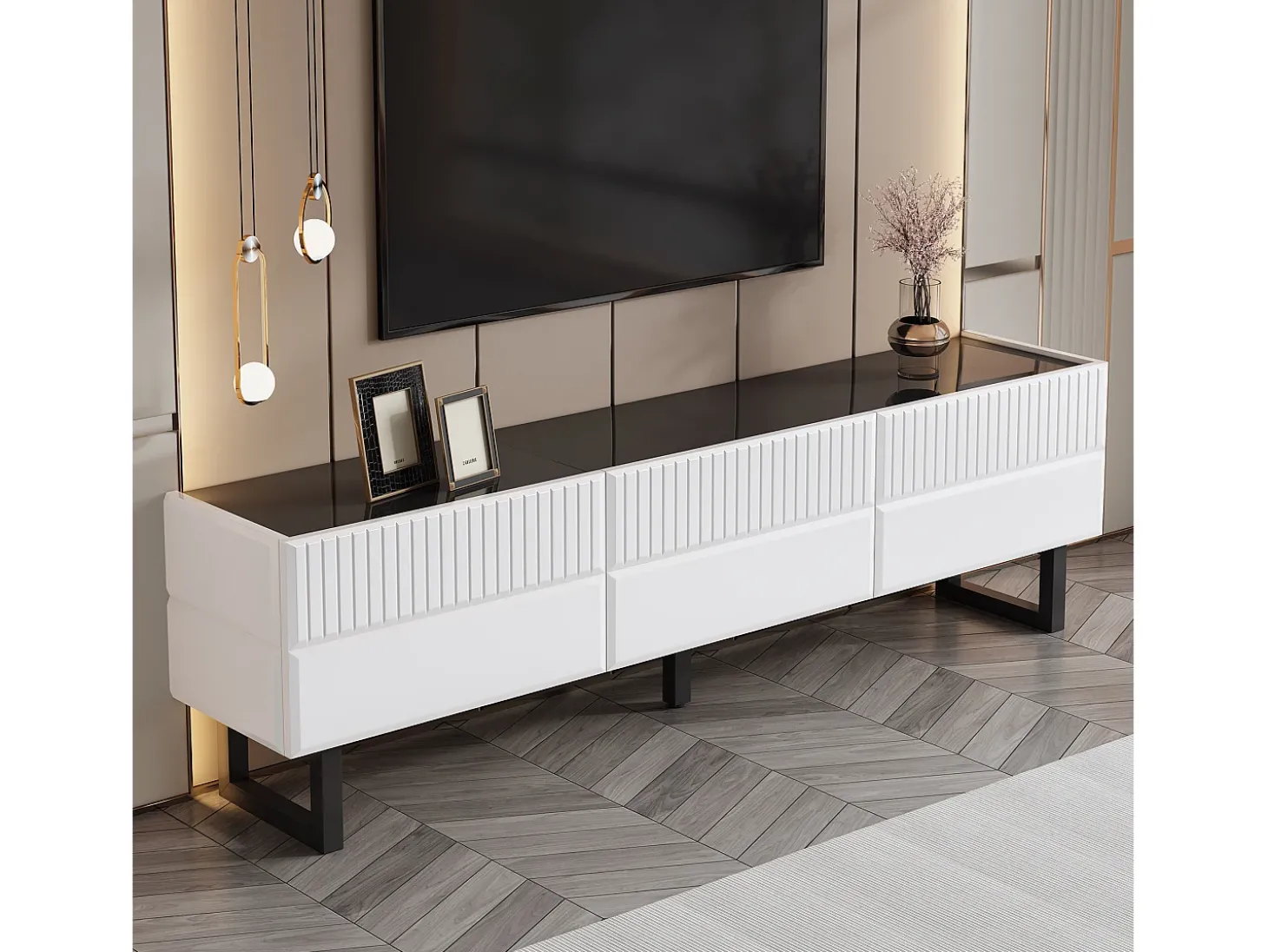 Móvel para TV 170x35x47cm - com 3 gavetas - Tampo laqueado brilhante - Pés de ferro - MDF - Branco e preto