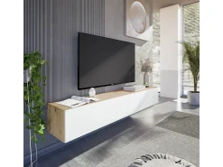Móvel suspenso com 2 portas e 2 nichos de armazenamento L180 cm - Kaway, design contemporâneo em carvalho nodi e branco ártico