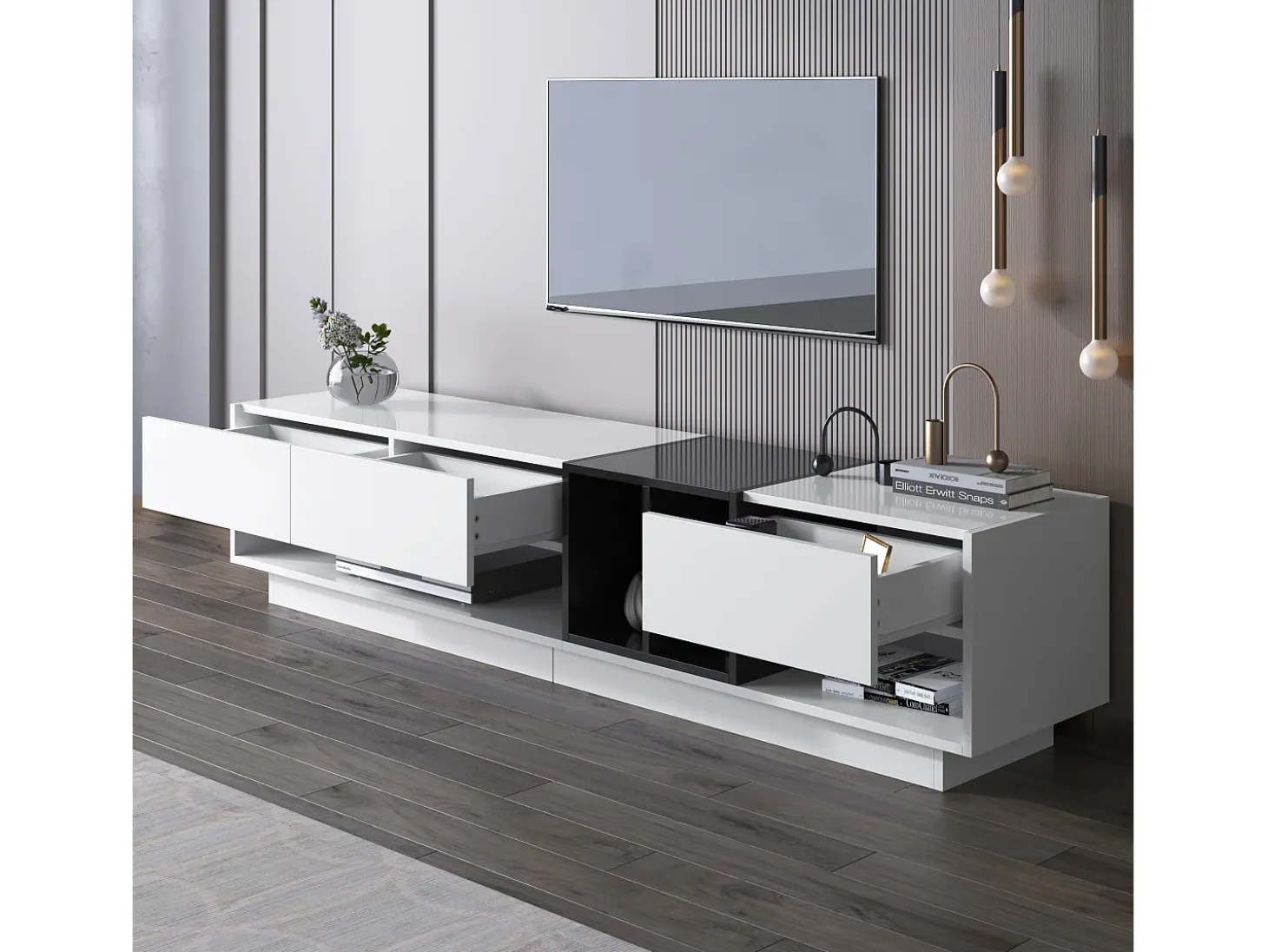Móvel TV 190 cm - 3 gavetas e 4 nichos - aglomerado - cores branco e preto