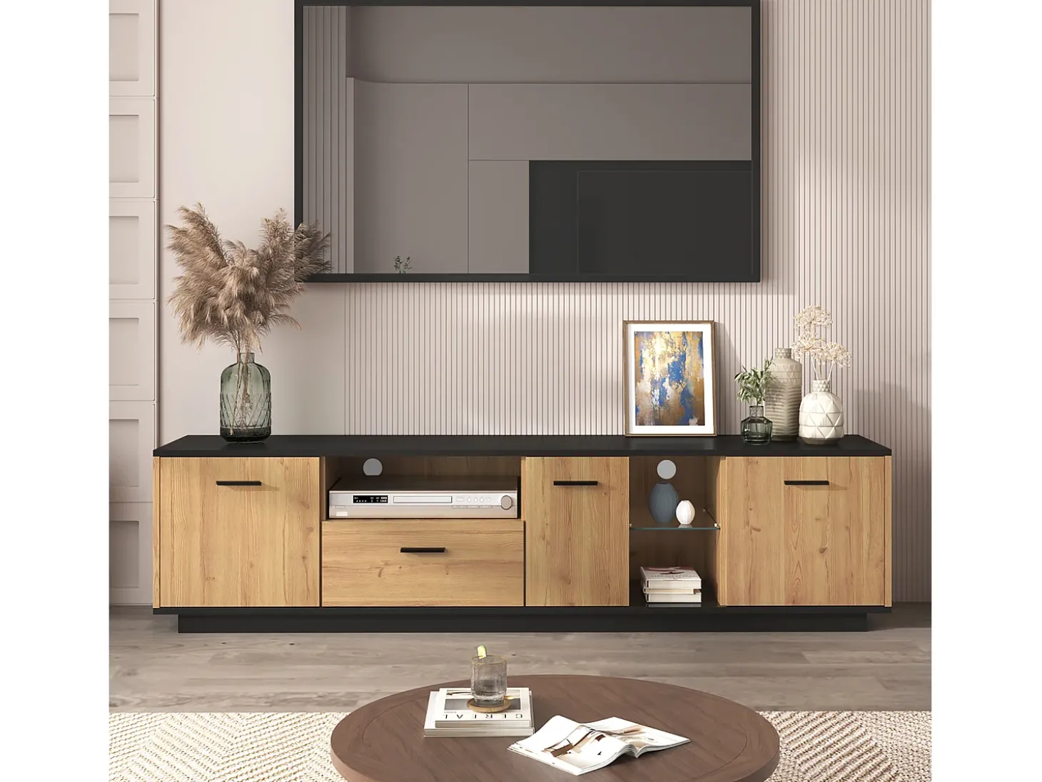 Móvel TV 180 cm - 3 portas, 3 nichos e 1 gaveta - LEDs - cores natural e preto
