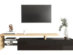 Móvel TV 200 cm - 3 portas e 2 compartimentos em vidro - estilo moderno - Preto e Natural