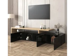 Móvel TV 200 cm - 3 portas e 2 compartimentos em vidro - estilo moderno - Preto e Natural