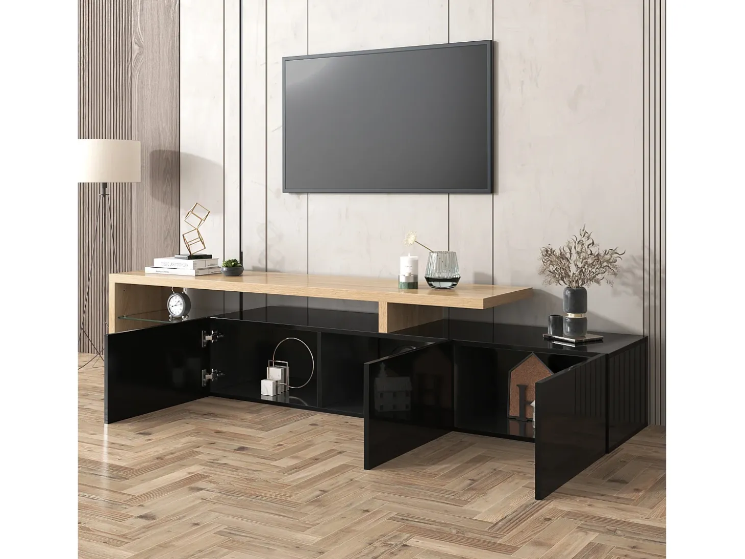 Móvel TV 200 cm - 3 portas e 2 compartimentos em vidro - estilo moderno - Preto e Natural