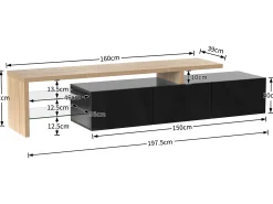 Móvel TV 200 cm - 3 portas e 2 compartimentos em vidro - estilo moderno - Preto e Natural