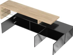 Móvel TV 200 cm - 3 portas e 2 compartimentos em vidro - estilo moderno - Preto e Natural
