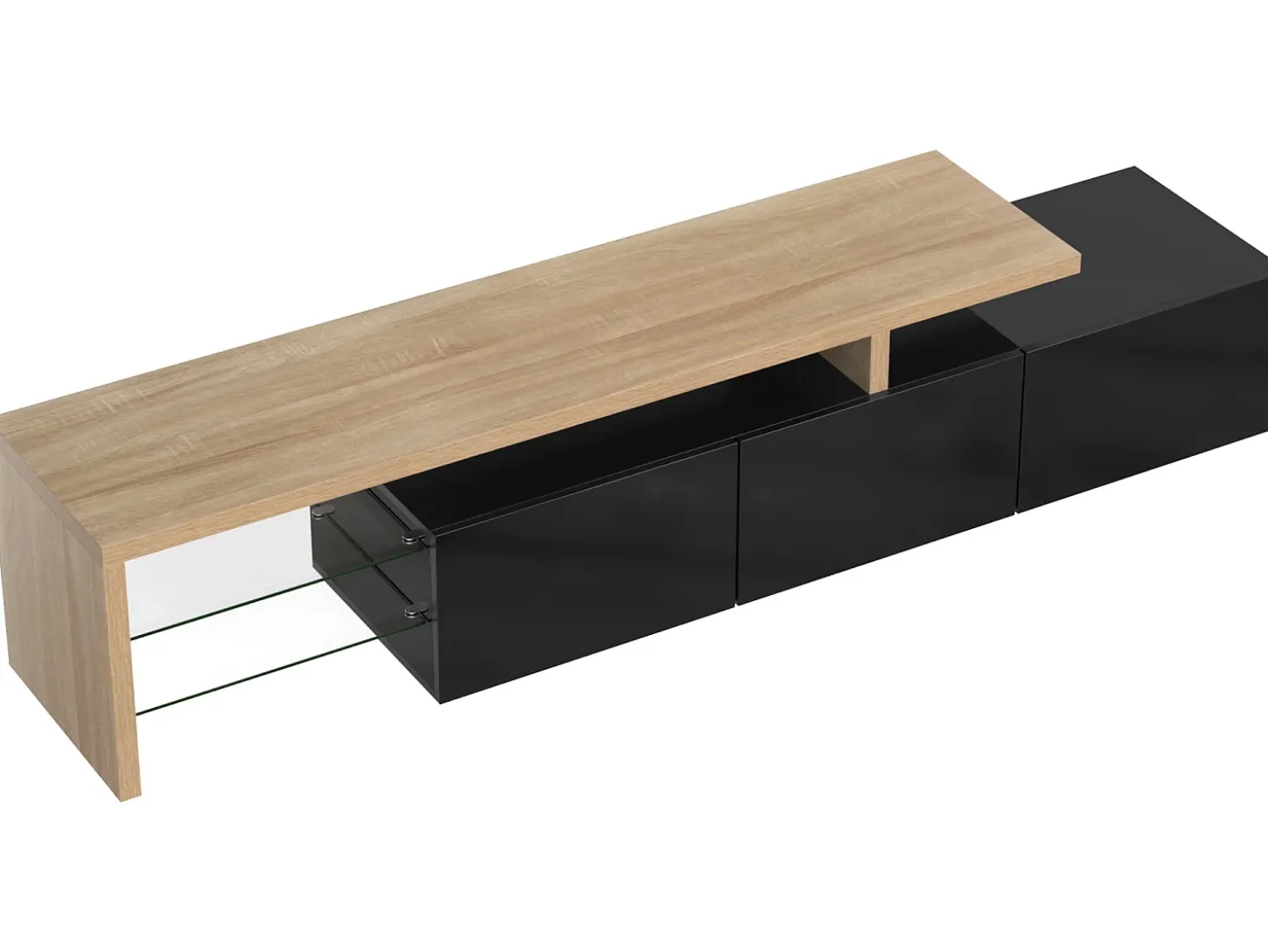 Móvel TV 200 cm - 3 portas e 2 compartimentos em vidro - estilo moderno - Preto e Natural