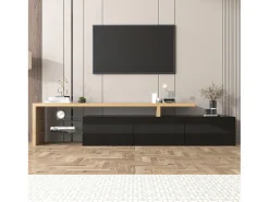 Móvel TV 200 cm - 3 portas e 2 compartimentos em vidro - estilo moderno - Preto e Natural