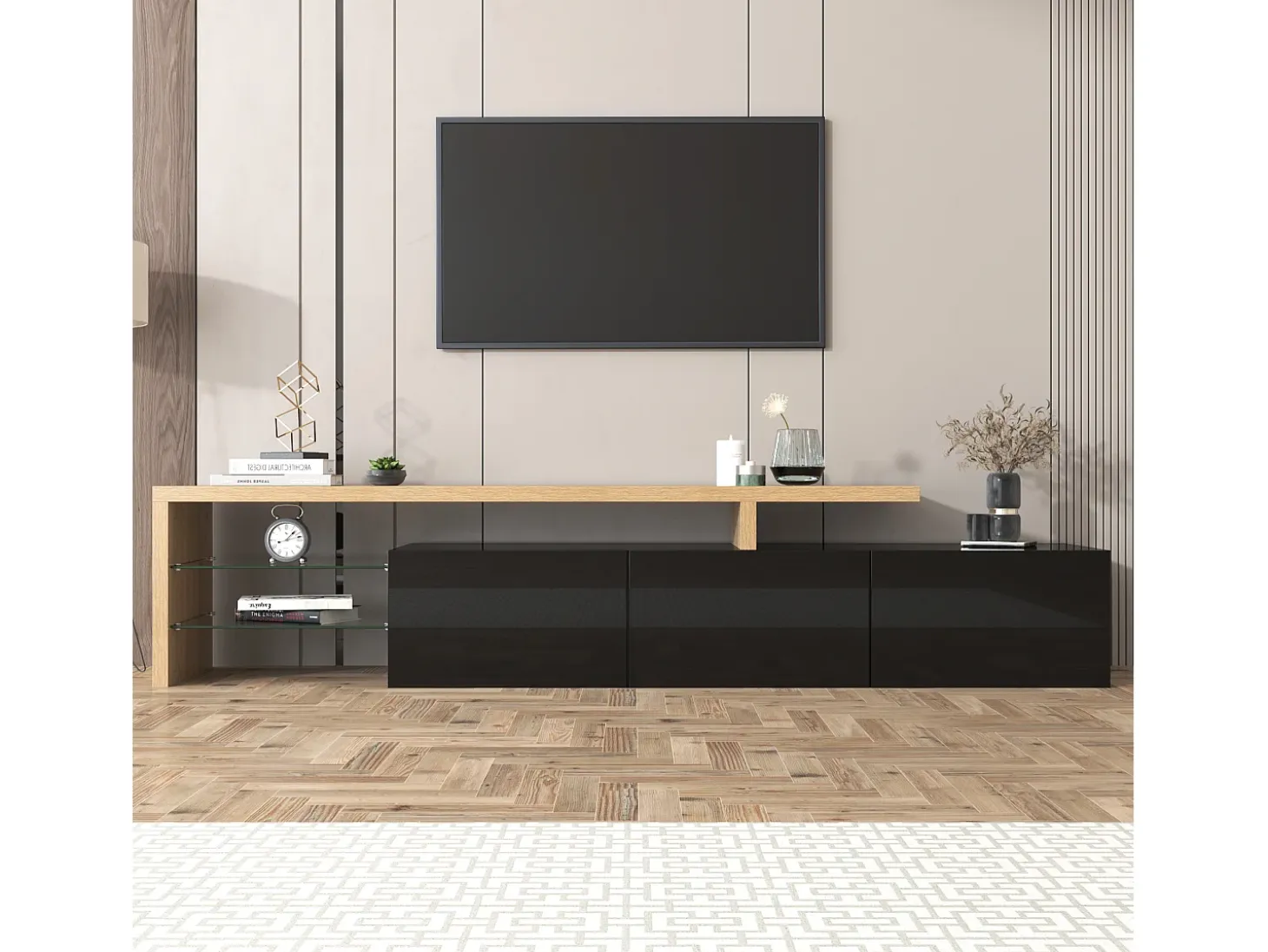 Móvel TV 200 cm - 3 portas e 2 compartimentos em vidro - estilo moderno - Preto e Natural