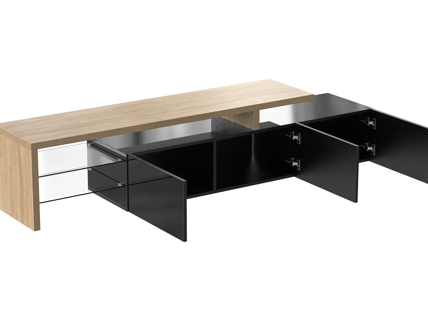 Móvel TV 200 cm - 3 portas e 2 compartimentos em vidro - estilo moderno - Preto e Natural