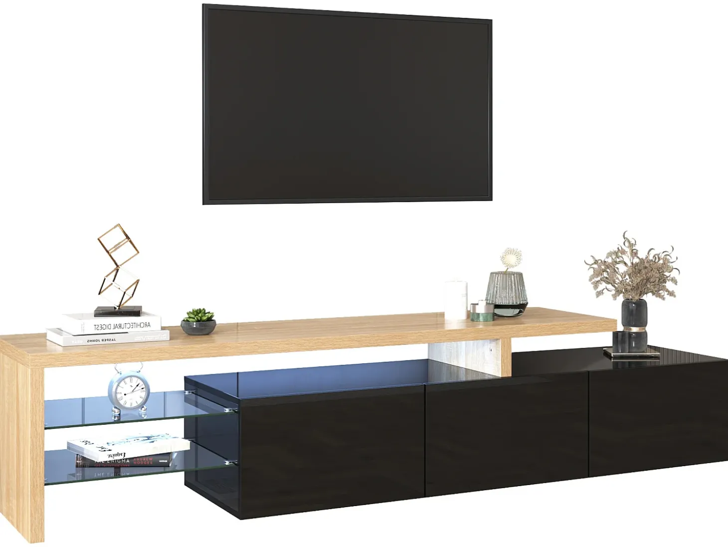 Móvel TV 200 cm - 3 portas e 2 compartimentos em vidro - estilo moderno - Preto e Natural