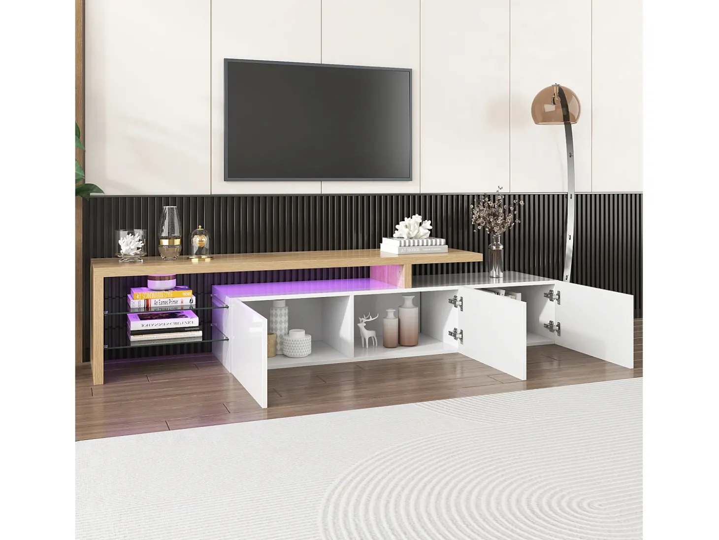 Móvel TV 200 cm - 3 portas e 2 compartimentos em vidro - estilo moderno - Branco e Natural