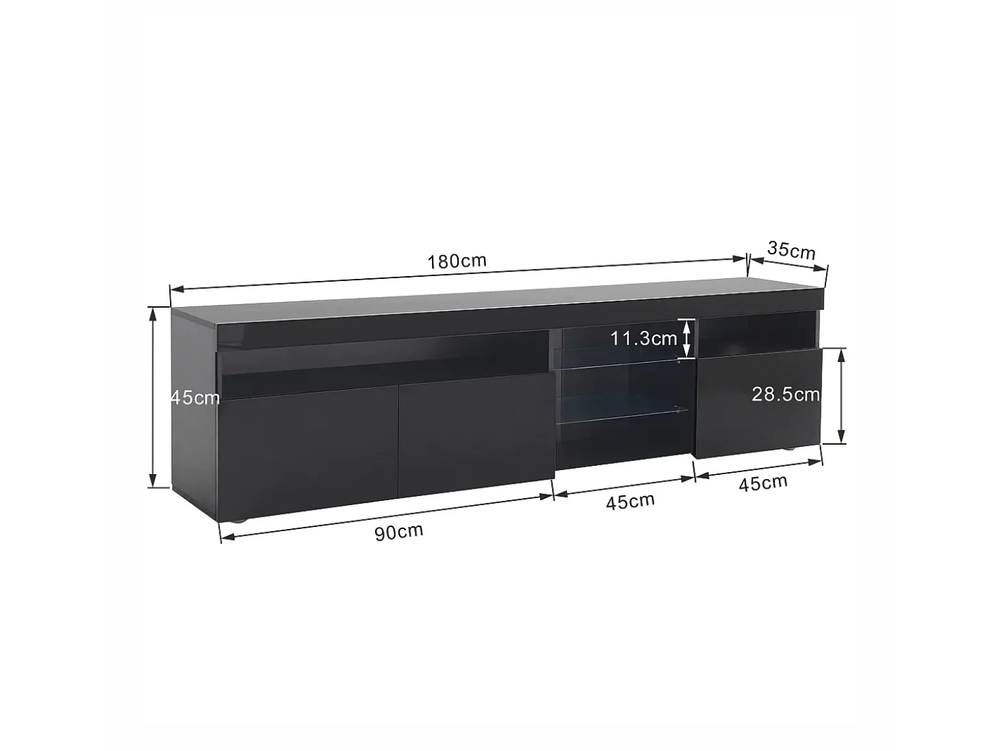 Móvel TV 180 cm - 3 portas e 3 nichos - LEDs - lacado preto brilhante