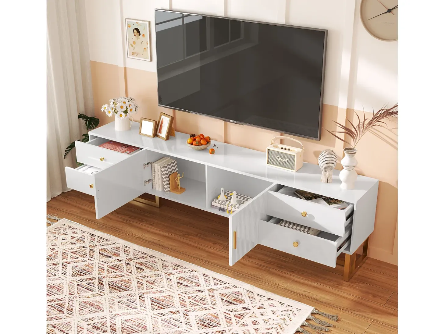 Móvel TV 175 cm - 2 portas texturadas e 4 gavetas - em MDF - Branco