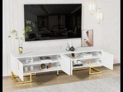 Móvel TV 170 cm - com prateleiras reguláveis - puxadores e pés dourados - Branco