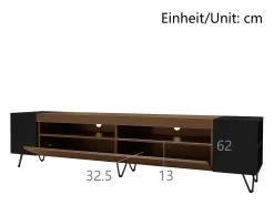 Móvel TV 180 cm - uma porta basculante e 4 compartimentos abertos em ambos os lados - Preto e Natural